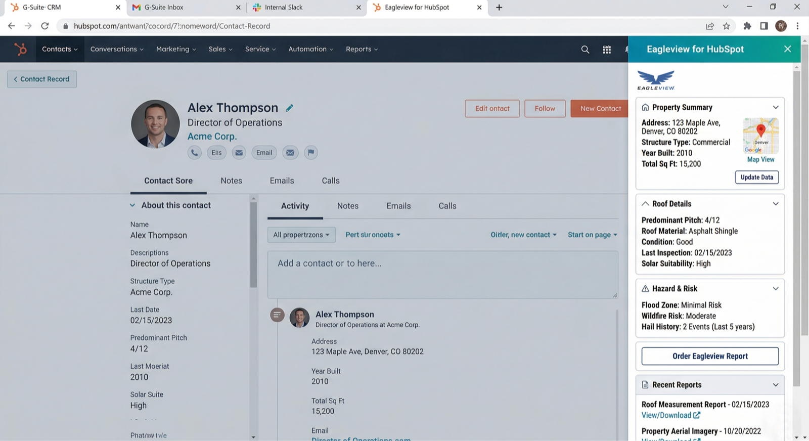 Eagleview HubSpot integration dashboard showing roofing report workflow inside HubSpot CRM