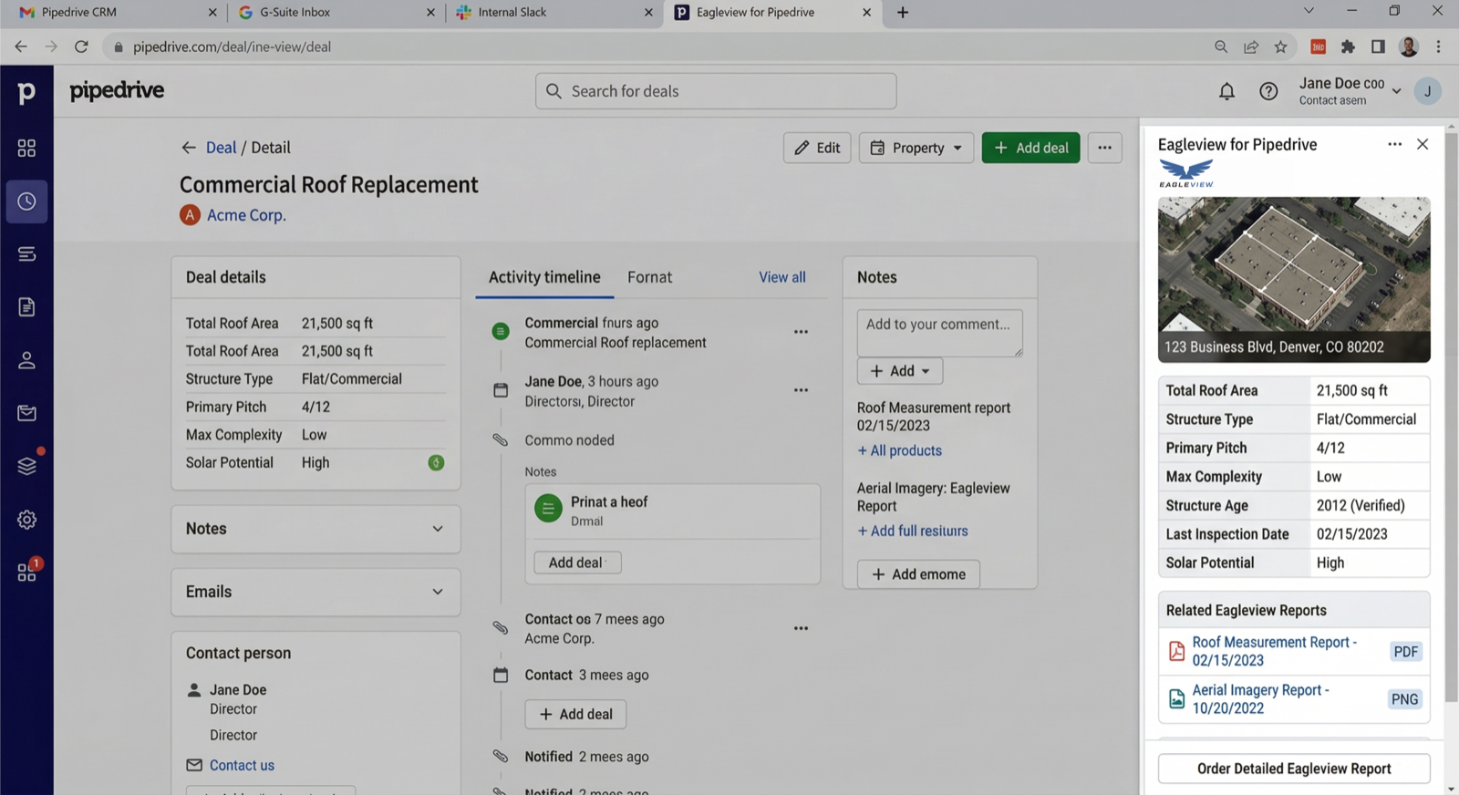 Eagleview Pipedrive integration dashboard showing roofing report workflow inside Pipedrive