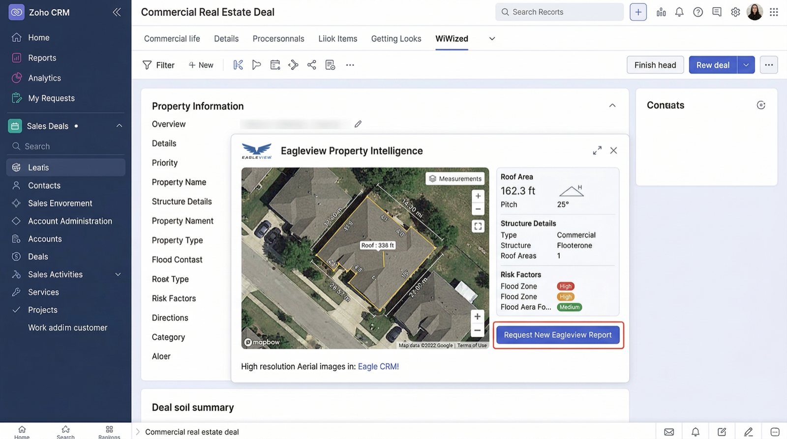 Eagleview Zoho CRM integration dashboard showing roofing report workflow inside Zoho CRM